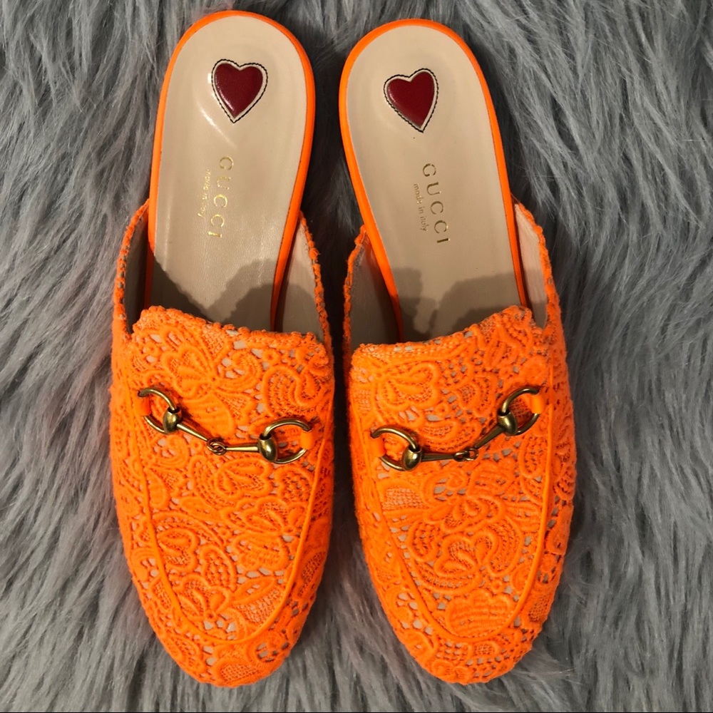 Gucci Orange Lace Horsebit Mules - Picture 4 of 8